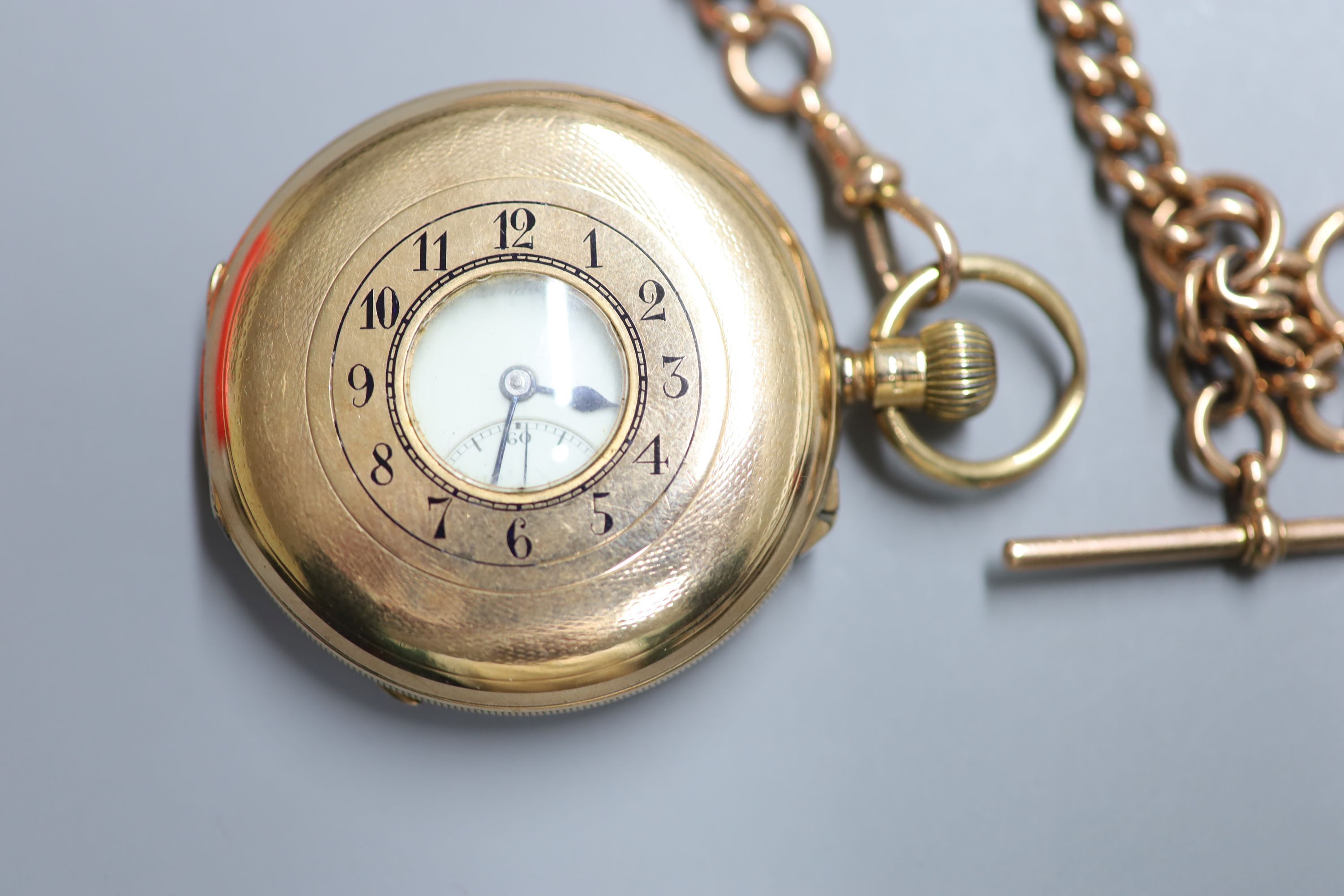 A George V 9ct gold half hunter keyless lever pocket watch The Field by J.W. Benson, together with a 9ct gold albert,